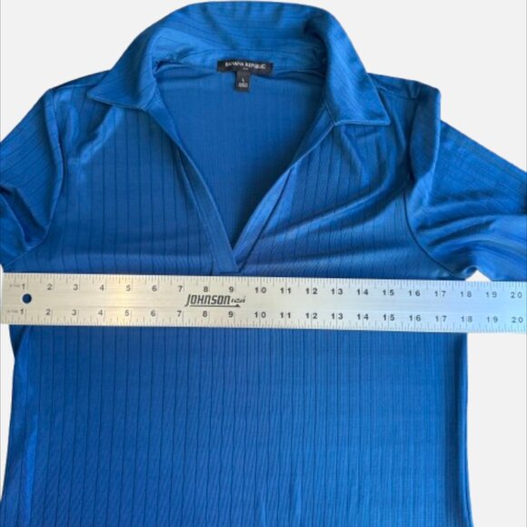 Banana Republic Factory Blue Silky Stretchy Ribbed Polo Collar V-Neck (Size L) - Picture 4 of 6
